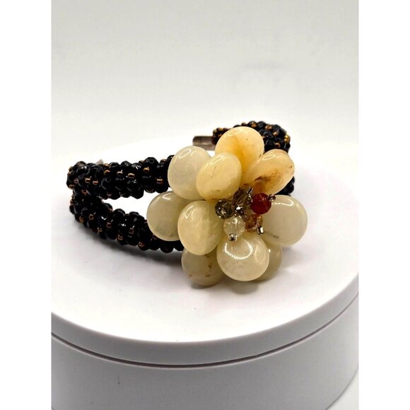 Unbranded Jewelry - Vintage Quartz Gemstone Crystal Beaded Floral Cuff Bracelet Jet and Brass